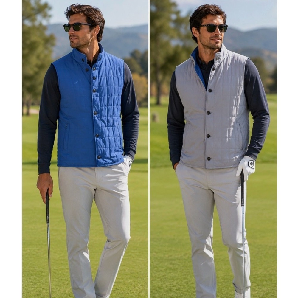 Peter Millar Spring Soft Button Front Reversible Golf Vest Gray Blue Men's XXL